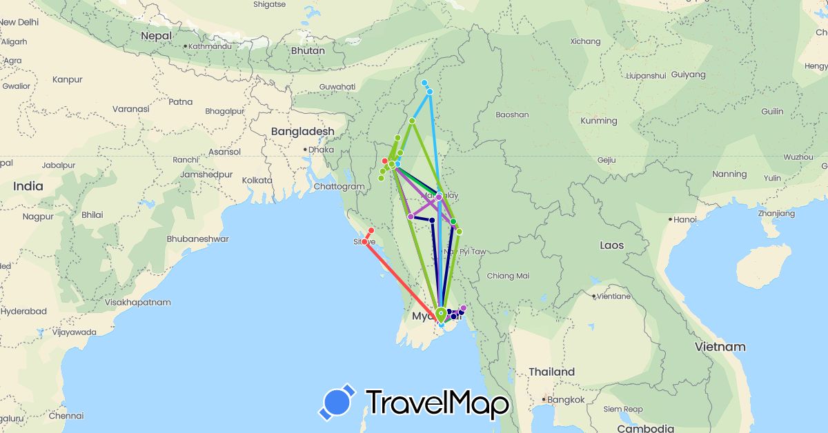 TravelMap itinerary: driving, bus, train, hiking, boat, electric vehicle in Myanmar (Burma) (Asia)